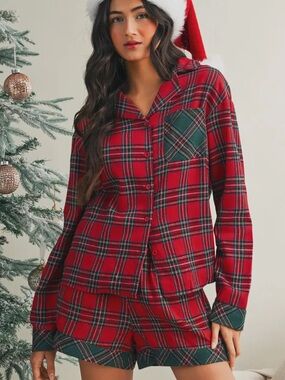 Red Plaid Button-Front Pajama Set Women’s Sz L